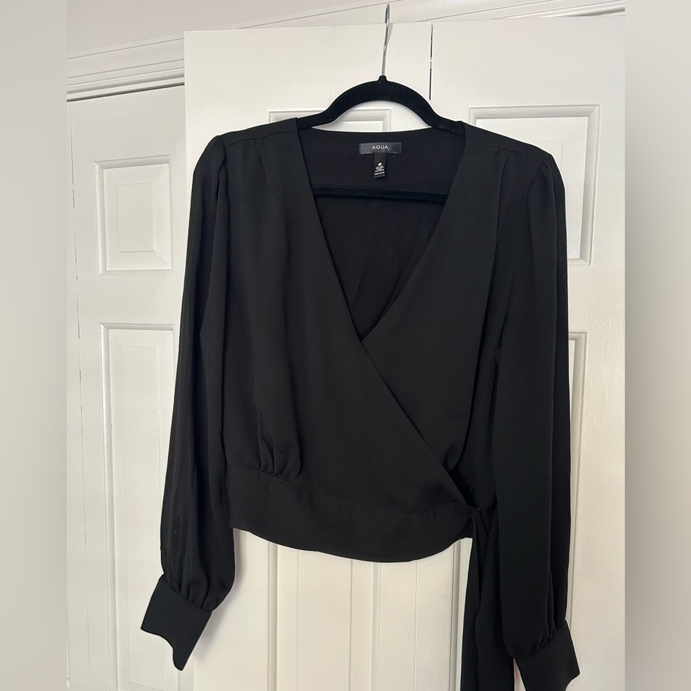Aqua Black Long-Sleeve Wrap Blouse